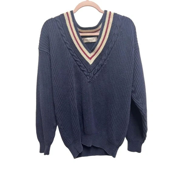 John Ashford Sweater Mens Size M Navy Blue Vintage V-Neck Striped Trim Preppy - Picture 5 of 5